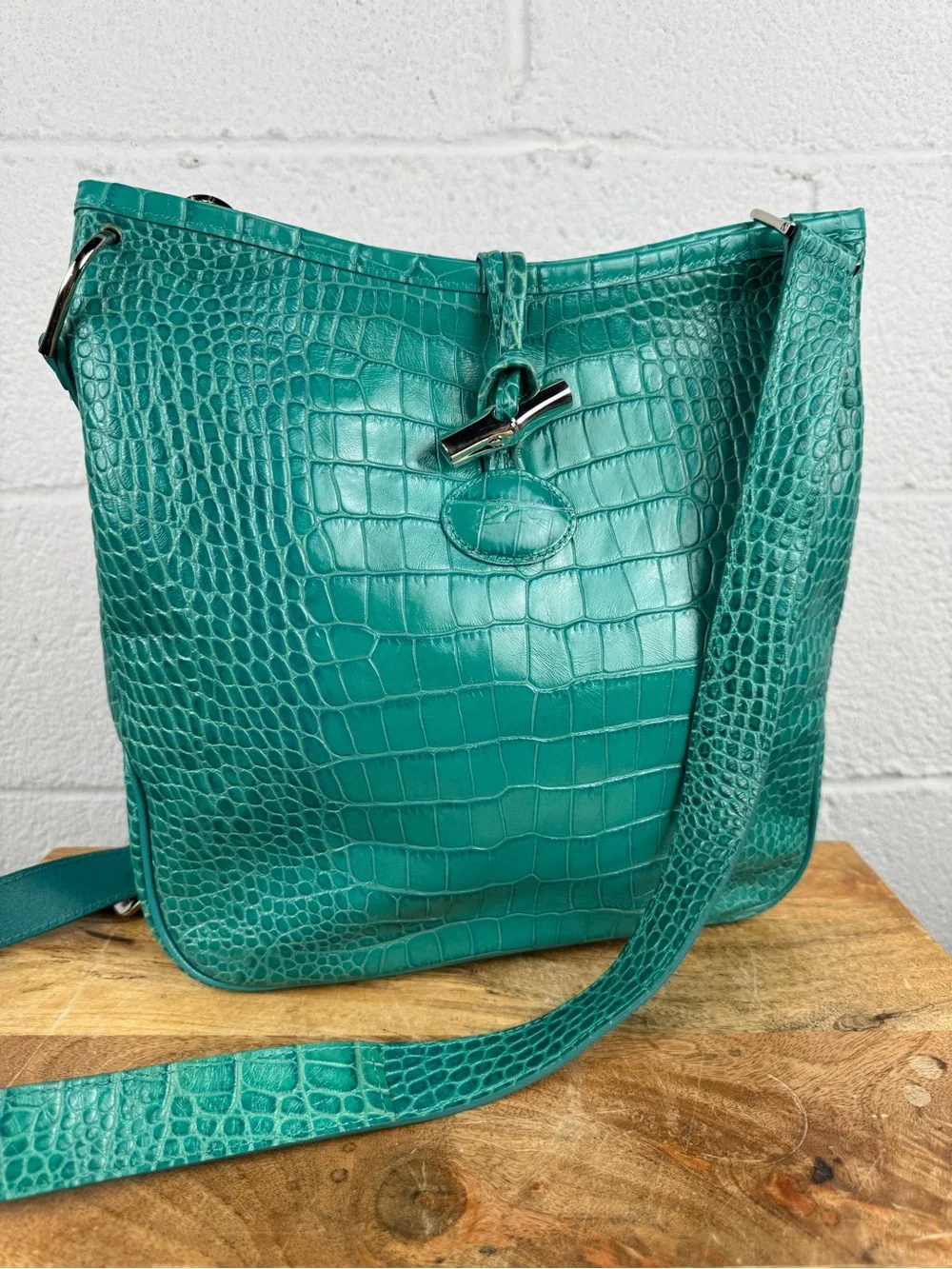 Longchamp Roseau Croc Embossed Leather Shoulder Bag Turquoise Teal France